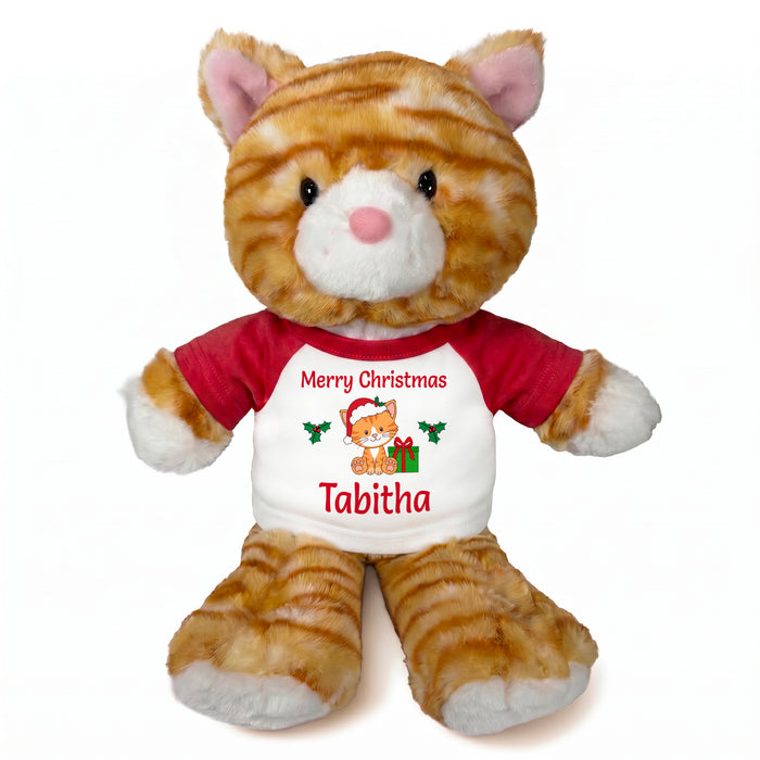 Personalized Christmas Stuffed Cat - 12 Inch Plush Tabby Cat - Red shirt with cat design
