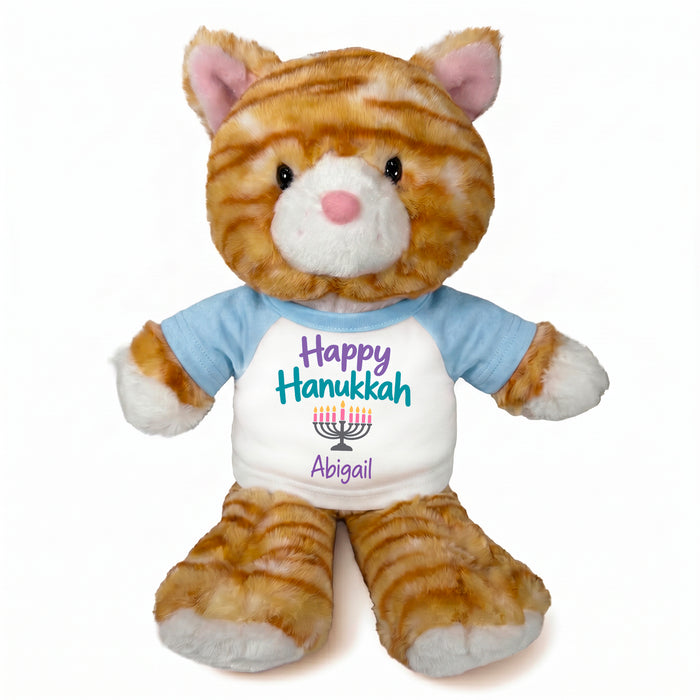 Personalized Hanukkah Stuffed Cat - 12 Inch Plush Tabby Cat - Happy Hanukkah Design - Light Blue Shirt with Pastel Design