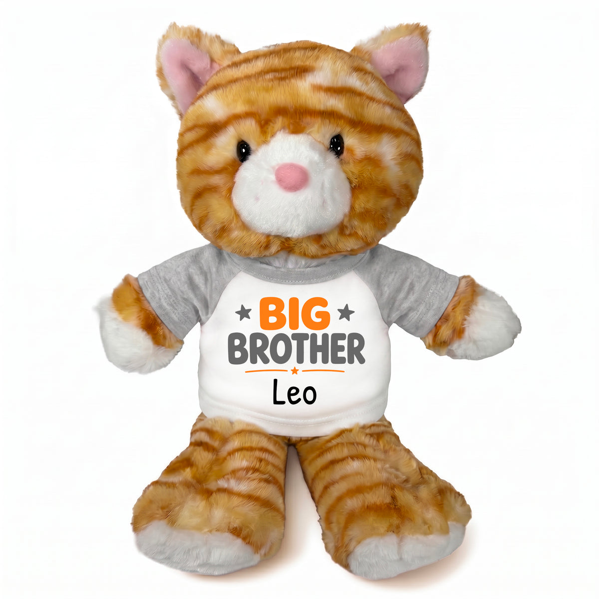 Personalized Big Brother Stuffed Cat - 12 Inch Plush Tabby Cat - Grey Shirt with Orange and Grey Design