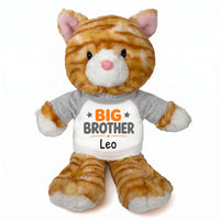 Personalized Big Brother Stuffed Cat - 12 Inch Plush Tabby Cat - Grey Shirt with Orange and Grey Design