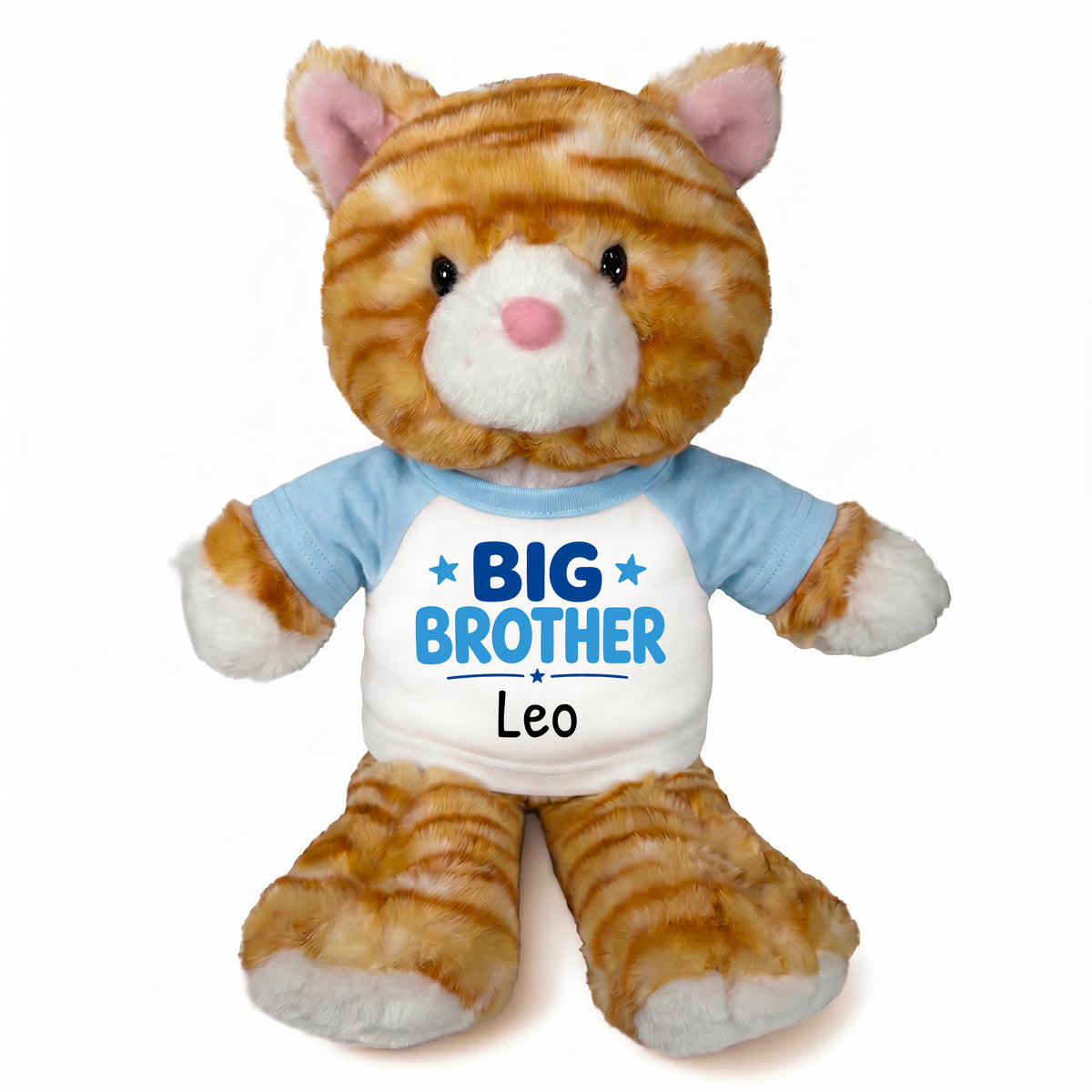 Personalized Big Brother Stuffed Cat - 12 Inch Plush Tabby Cat - Light Blue Shirt with Blue Design