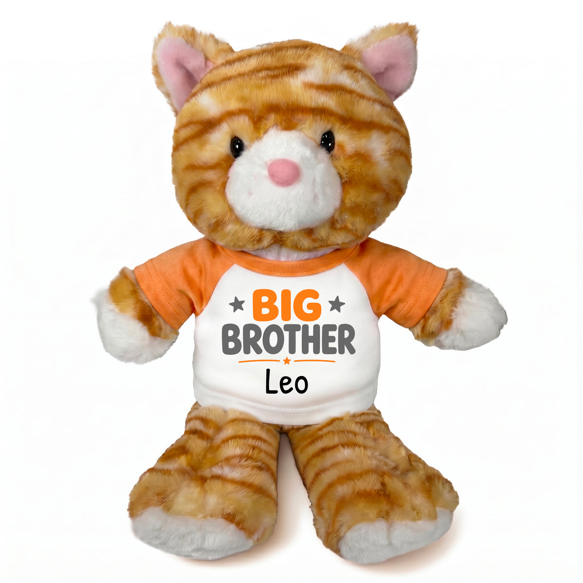 Personalized Big Brother Stuffed Cat - 12 Inch Plush Tabby Cat - Orange Shirt with Orange and Grey Design