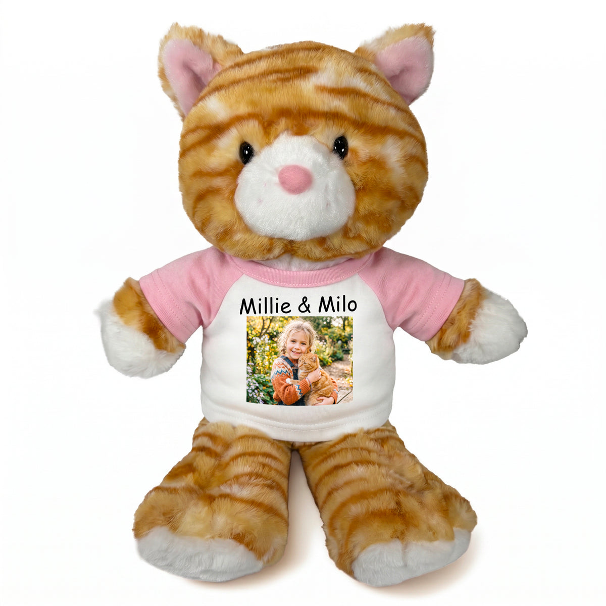 Personalized Stuffed Cat - 12 Inch Tumbletoes Orange Tabby Cat with Photo and/or Text - Pink Shirt
