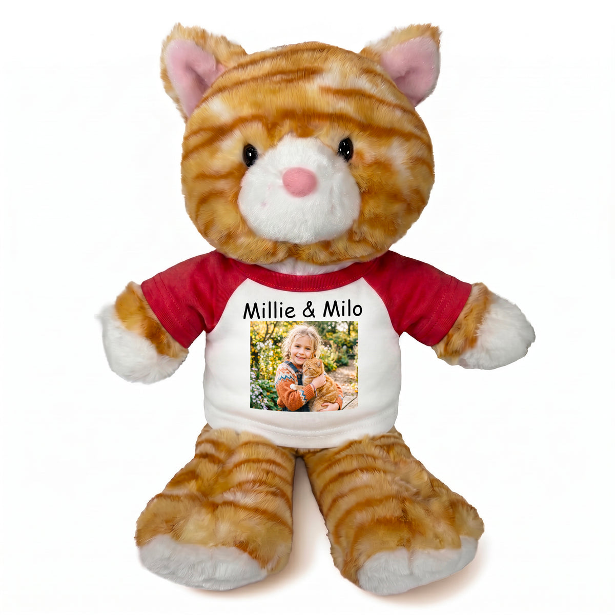 Personalized Stuffed Cat - 12 Inch Tumbletoes Orange Tabby Cat with Photo and/or Text - Red Shirt