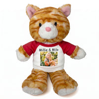 Personalized Stuffed Cat - 12 Inch Tumbletoes Orange Tabby Cat with Photo and/or Text - Red Shirt