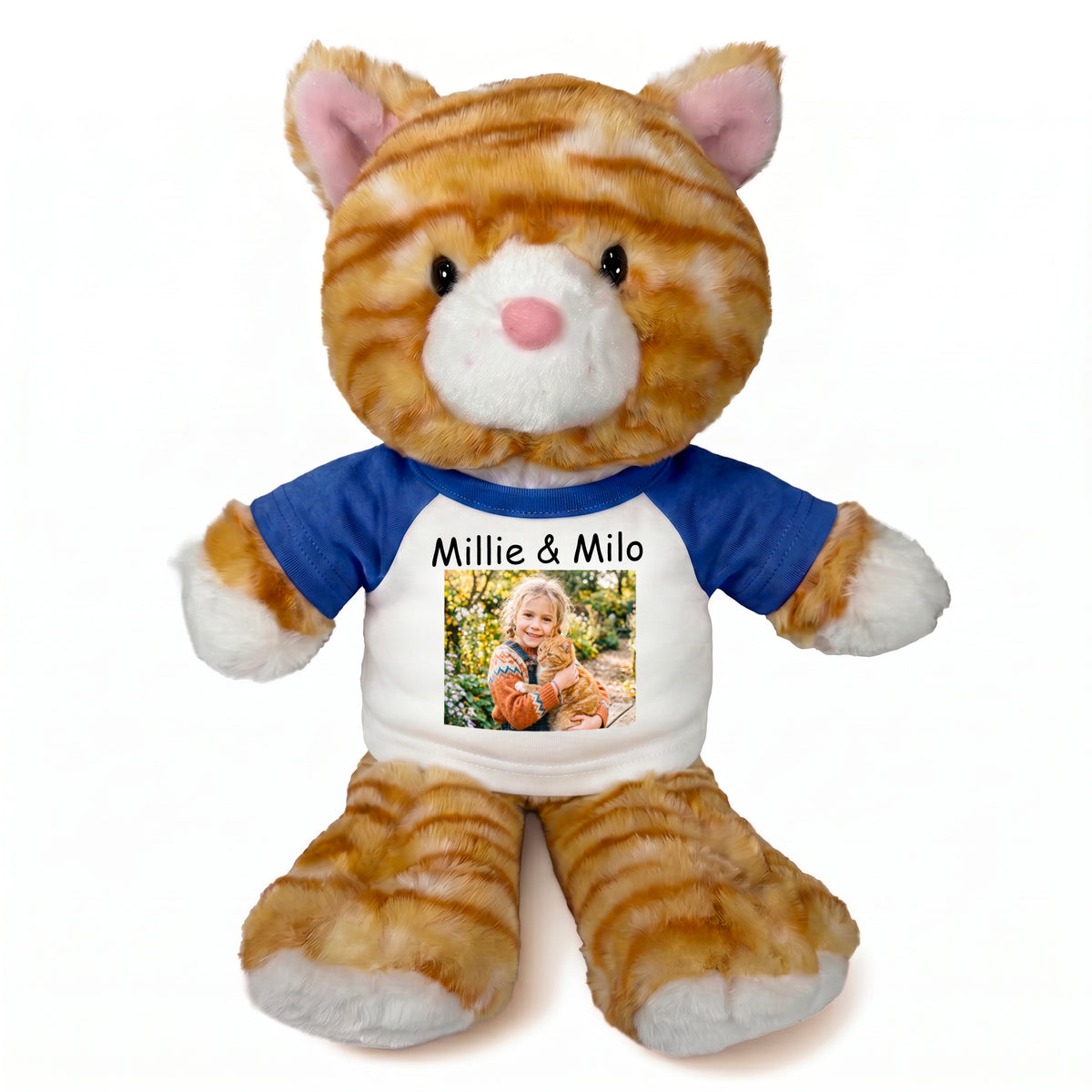 Personalized Stuffed Cat - 12 Inch Tumbletoes Orange Tabby Cat with Photo and/or Text - Royal Blue Shirt