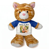 Personalized Stuffed Cat - 12 Inch Tumbletoes Orange Tabby Cat with Photo and/or Text - Royal Blue Shirt