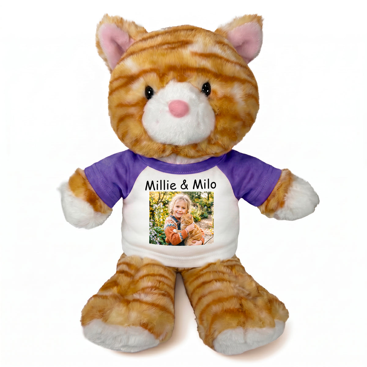 Personalized Stuffed Cat - 12 Inch Tumbletoes Orange Tabby Cat with Photo and/or Text - Purple Shirt