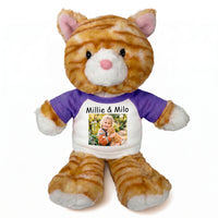 Personalized Stuffed Cat - 12 Inch Tumbletoes Orange Tabby Cat with Photo and/or Text - Purple Shirt