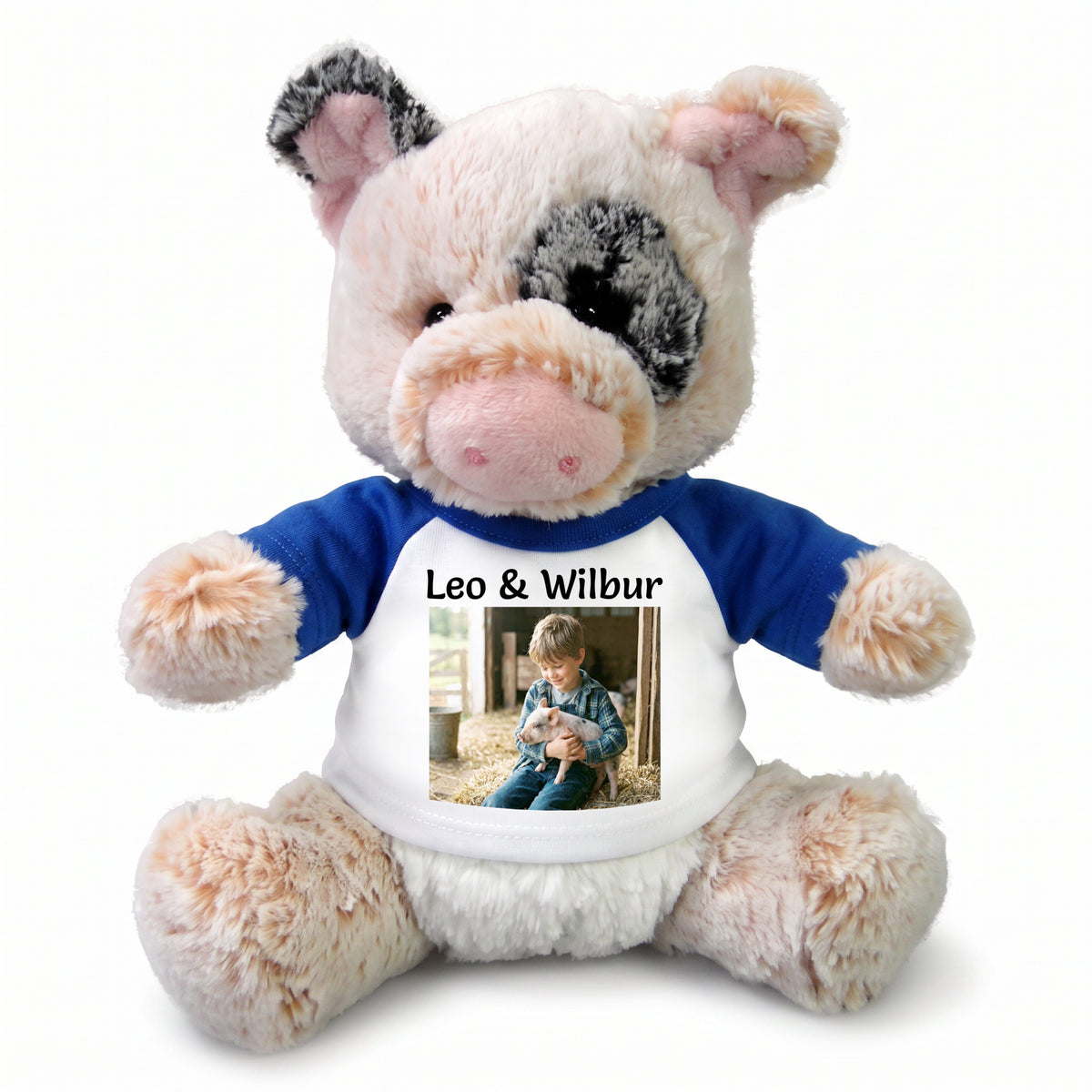 Personalized Stuffed Pig - 11 inch Plush Percy Pig - Royal Blue Sleeves, Print on Front Only