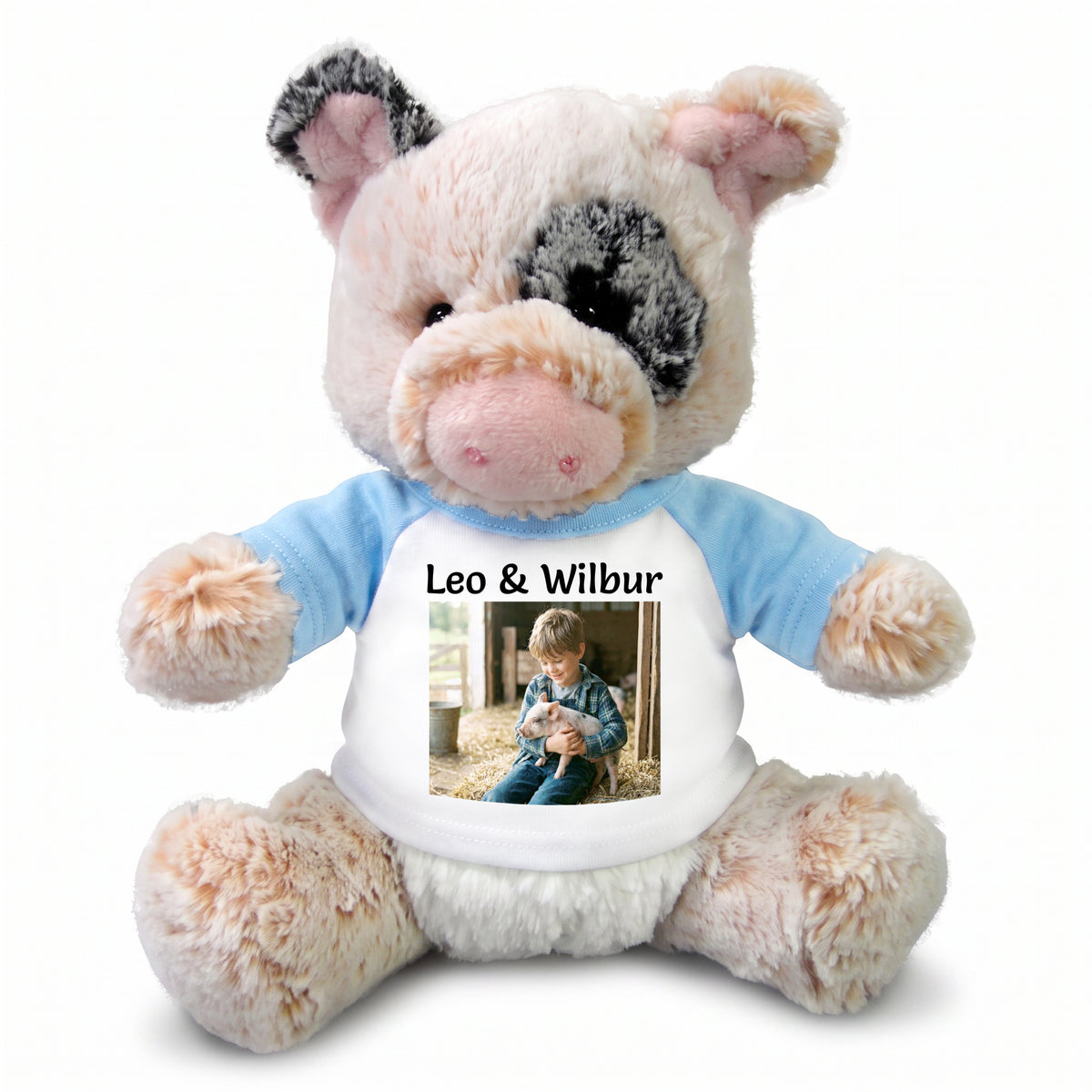 Personalized Stuffed Pig - 11 inch Plush Percy Pig - Light Blue Sleeves, Print on Front Only