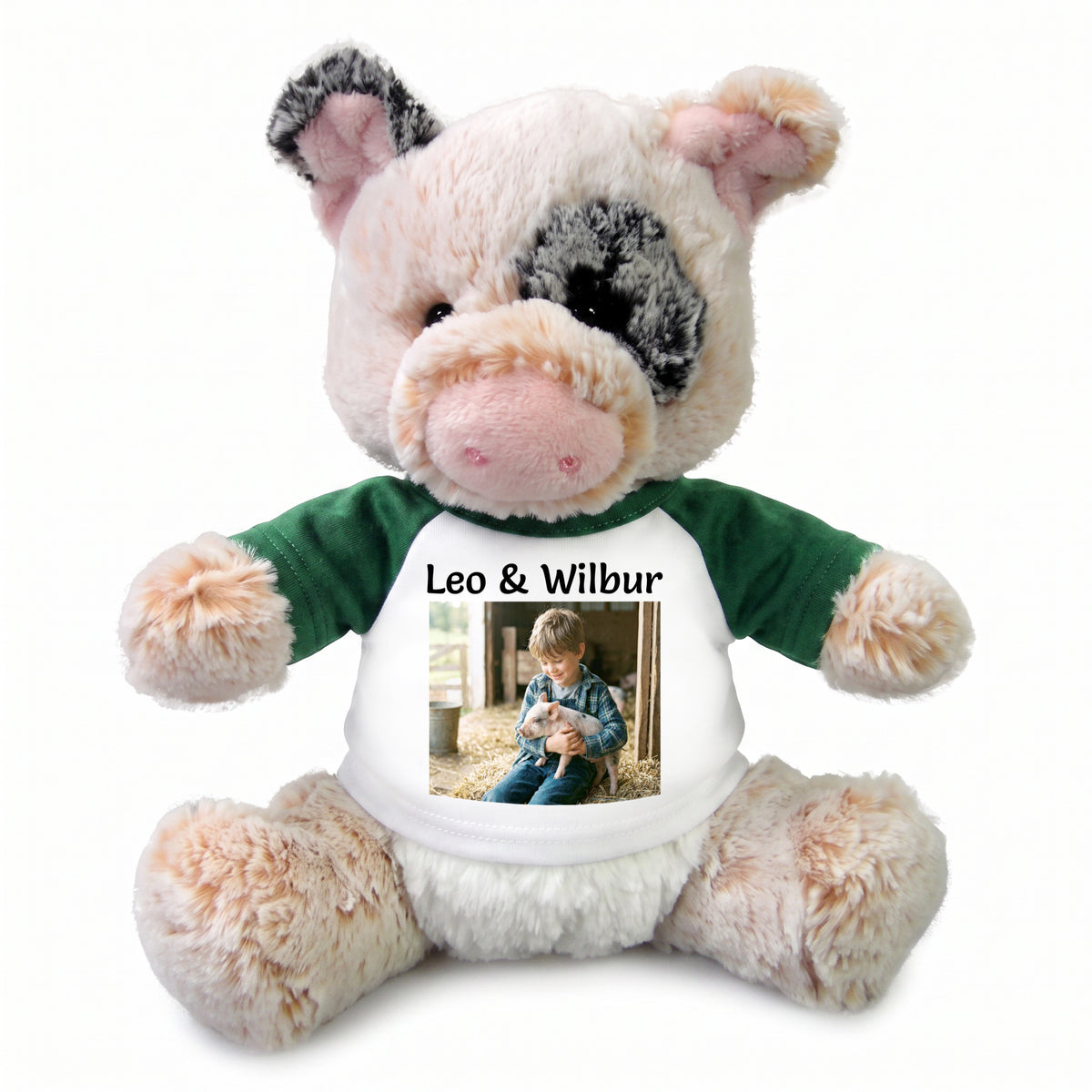 Personalized Stuffed Pig - 11 inch Plush Percy Pig - Green Sleeves, Print on Front Only