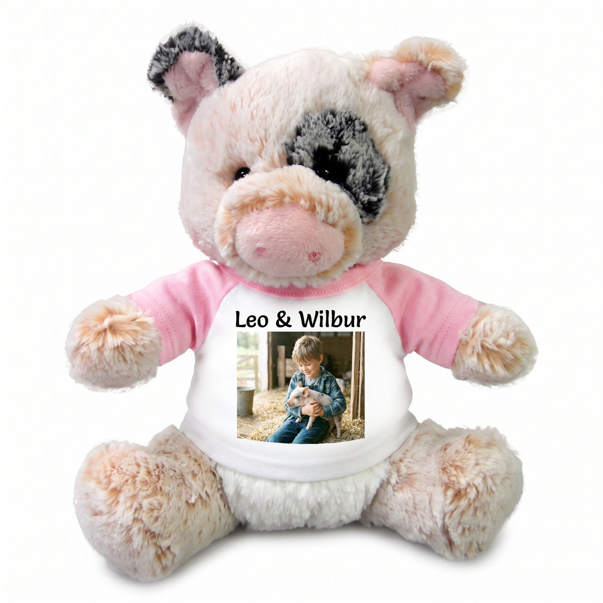 Personalized Stuffed Pig - 11 inch Plush Percy Pig - Pink Sleeves, Print on Front Only