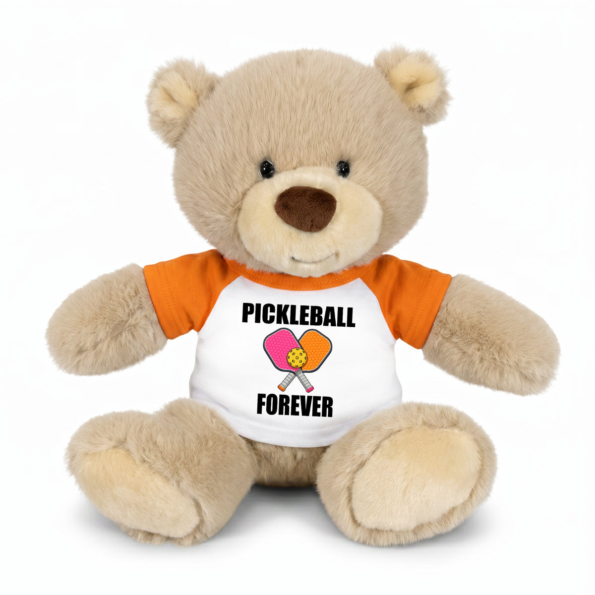 Pickleball Teddy Bear - Personalized 10" Tan Nuzzles Bear, Paddle Design - orange sleeves