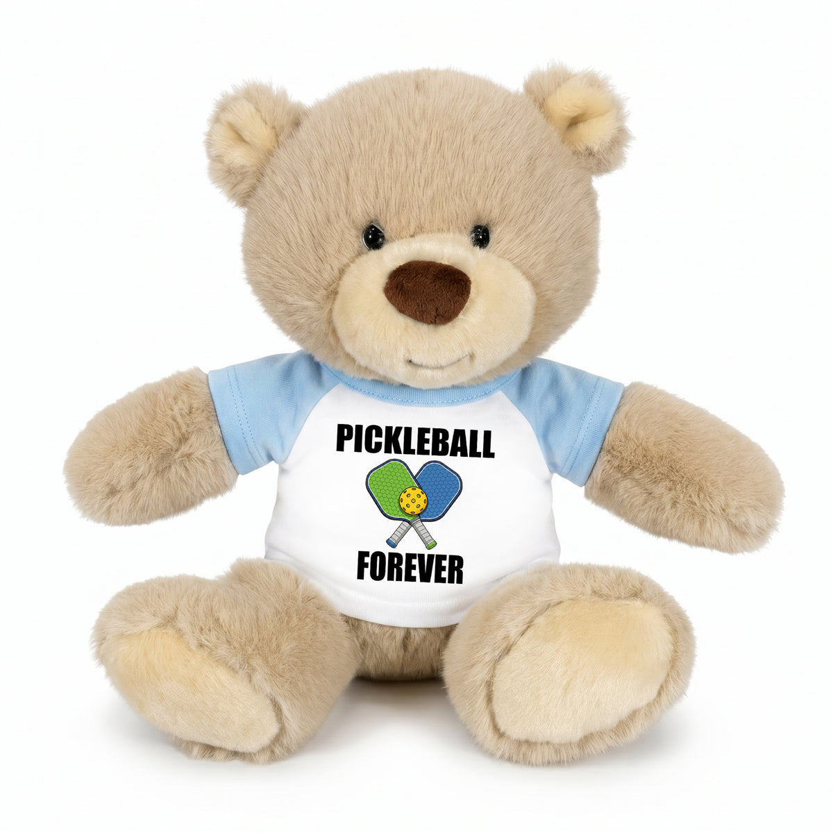 Pickleball Teddy Bear - Personalized 10" Tan Nuzzles Bear, Paddle Design - light blue sleeves