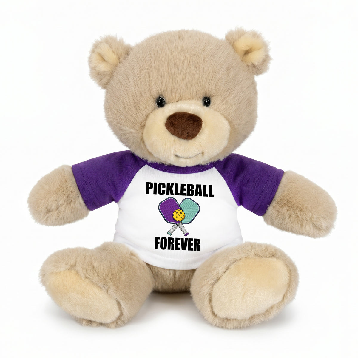 Pickleball Teddy Bear - Personalized 10" Tan Nuzzles Bear, Paddle Design - purple sleeves