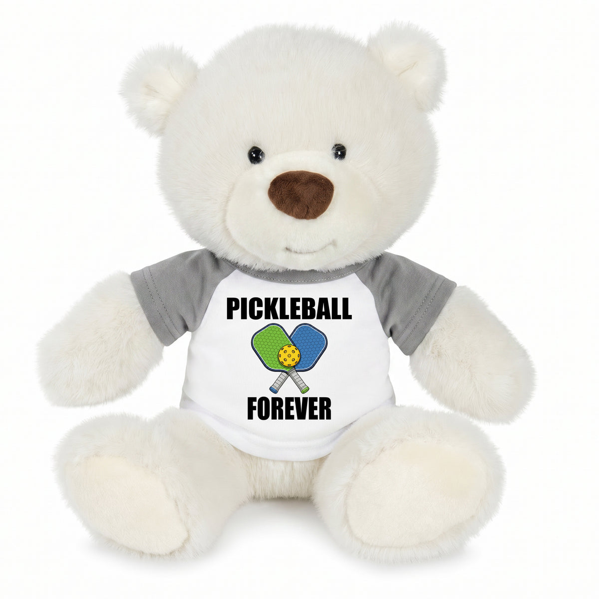 Pickleball Teddy Bear - Personalized 10" Creamy White Nuzzles Bear, Paddle Design - grey sleeves