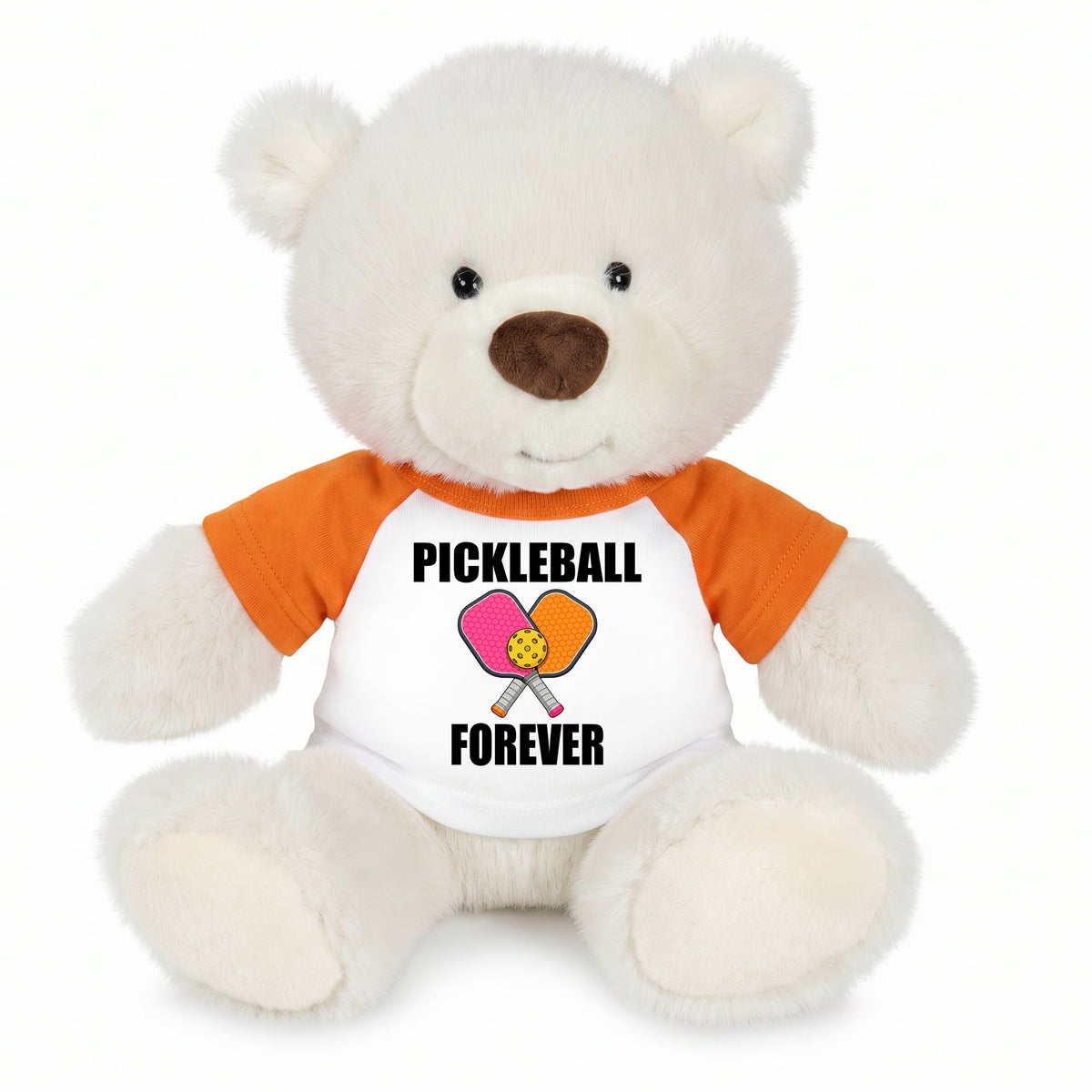 Pickleball Teddy Bear - Personalized 10" Creamy White Nuzzles Bear, Paddle Design - orange sleeves