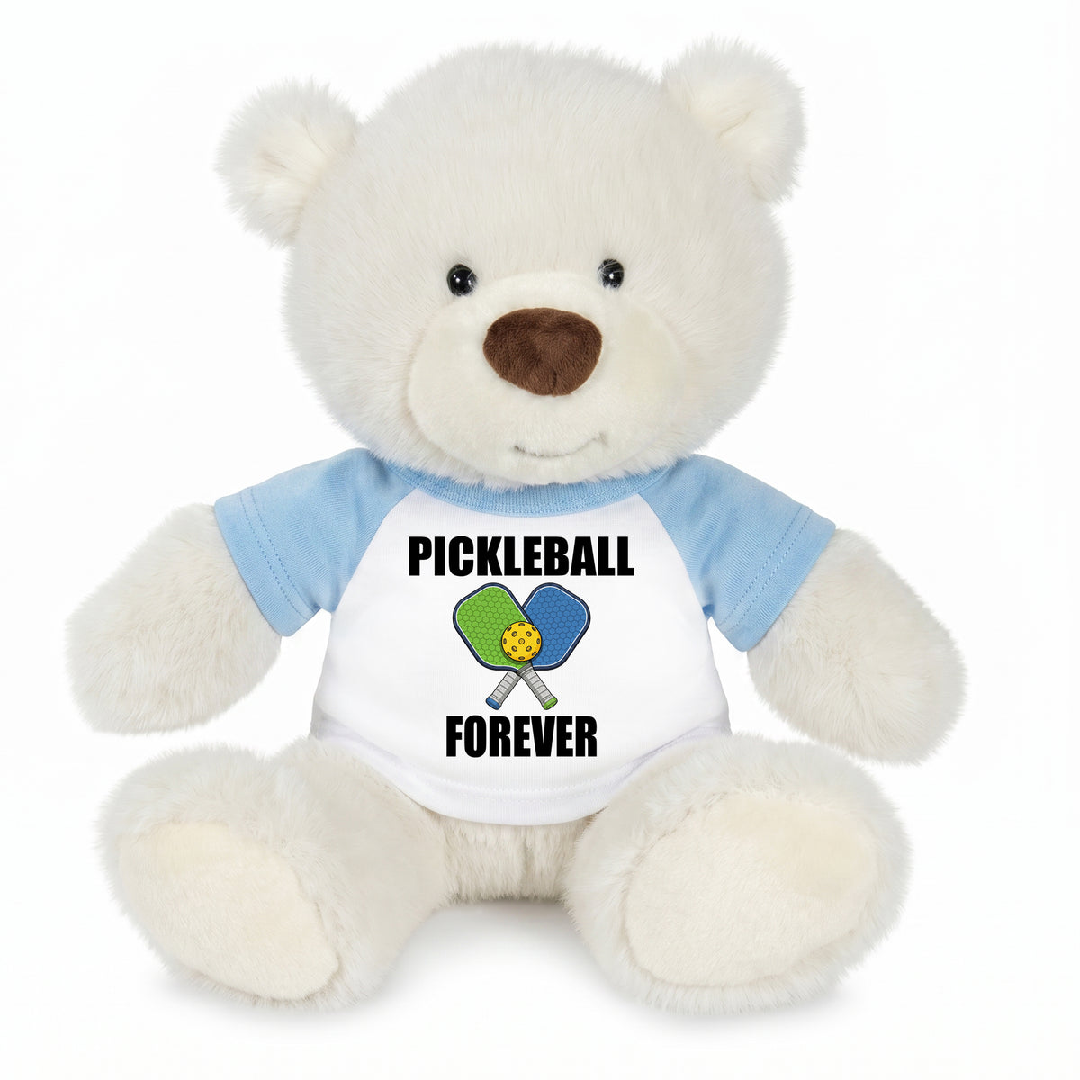 Pickleball Teddy Bear - Personalized 10" Creamy White Nuzzles Bear, Paddle Design - light blue sleeves