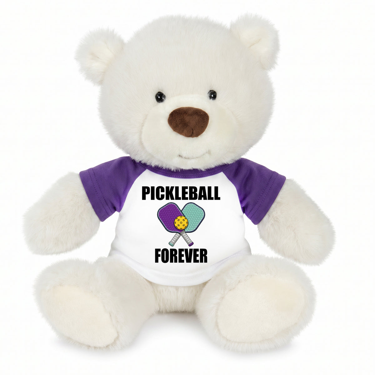 Pickleball Teddy Bear - Personalized 10" Creamy White Nuzzles Bear, Paddle Design - purple sleeves
