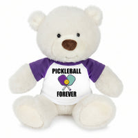 Pickleball Teddy Bear - Personalized 10" Creamy White Nuzzles Bear, Paddle Design - purple sleeves