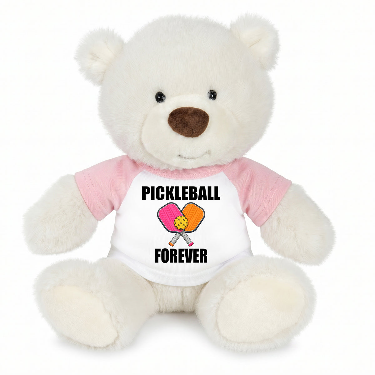 Pickleball Teddy Bear - Personalized 10" Creamy White Nuzzles Bear, Paddle Design - pink sleeves
