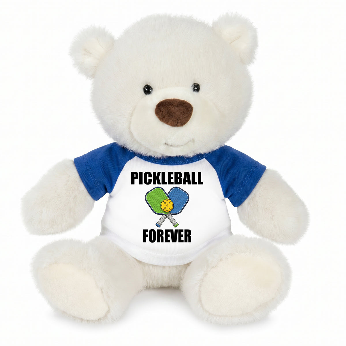 Pickleball Teddy Bear - Personalized 10" Creamy White Nuzzles Bear, Paddle Design - royal blue sleeves