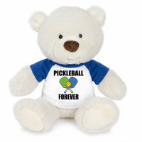 Pickleball Teddy Bear - Personalized 10" Creamy White Nuzzles Bear, Paddle Design - royal blue sleeves
