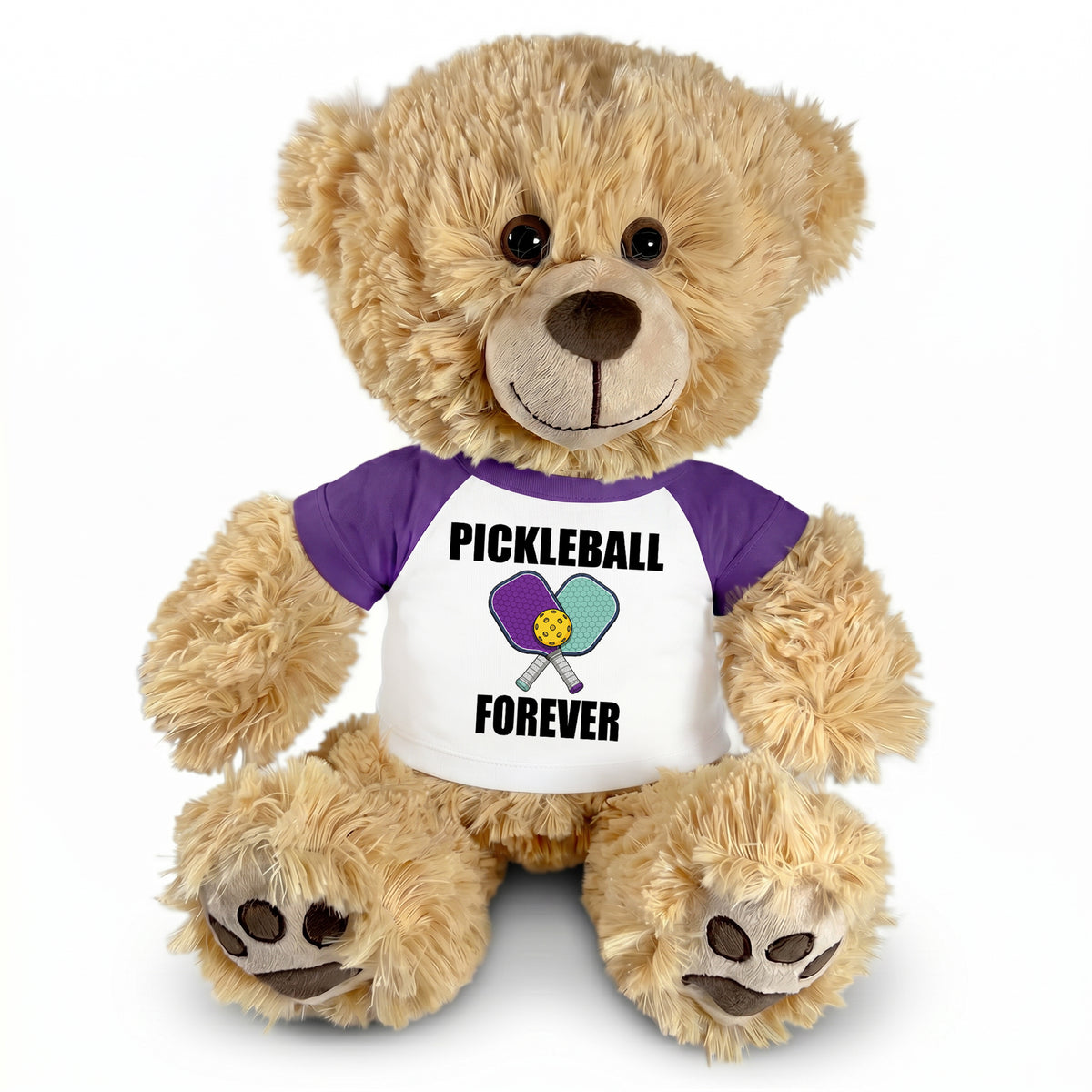 Pickleball Teddy Bear - Personalized 14" Honey Bear, Paddle Design - purple sleeves