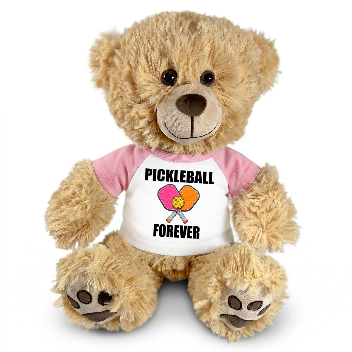 Pickleball Teddy Bear - Personalized 14" Honey Bear, Paddle Design - pink sleeves