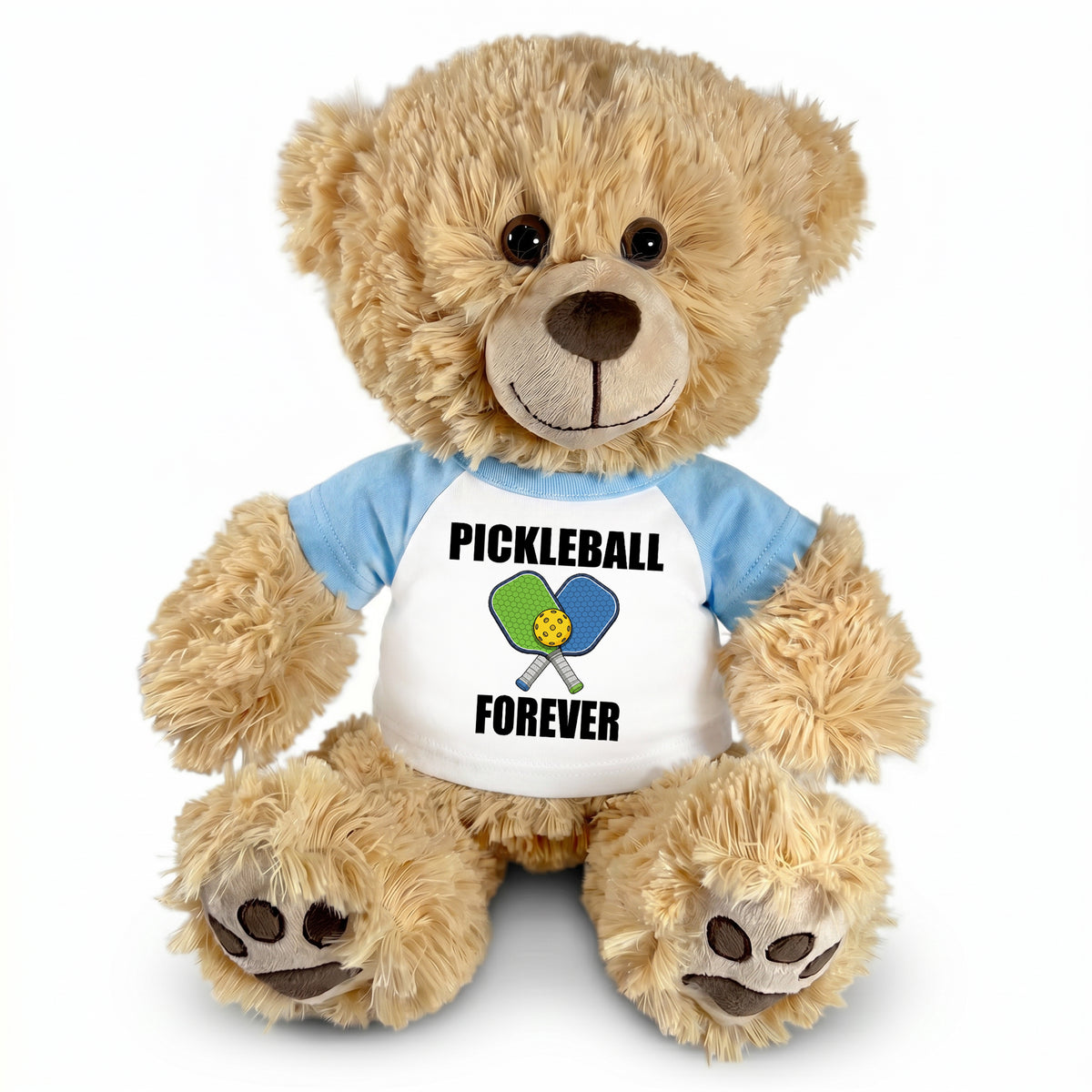 Pickleball Teddy Bear - Personalized 14" Honey Bear, Paddle Design - light blue sleeves
