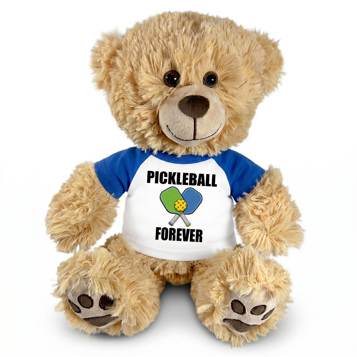 Pickleball Teddy Bear - Personalized 14" Honey Bear, Paddle Design - royal blue sleeves