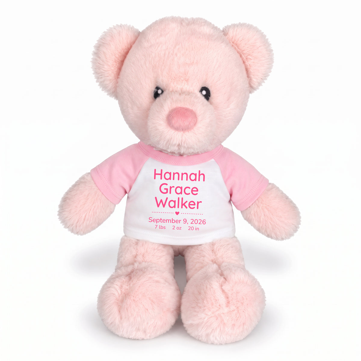 Personalized Teddy Bear for Baby Girl - 11" Pink Baby Bear - Pink Shirt with Pink Design, 