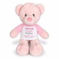 Personalized Teddy Bear for Baby Girl - 11" Pink Baby Bear - Pink Shirt with Pink & Grey Design, 