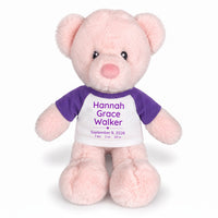 Personalized Teddy Bear for Baby Girl - 11" Pink Baby Bear - Purple Shirt with Purple Design, 