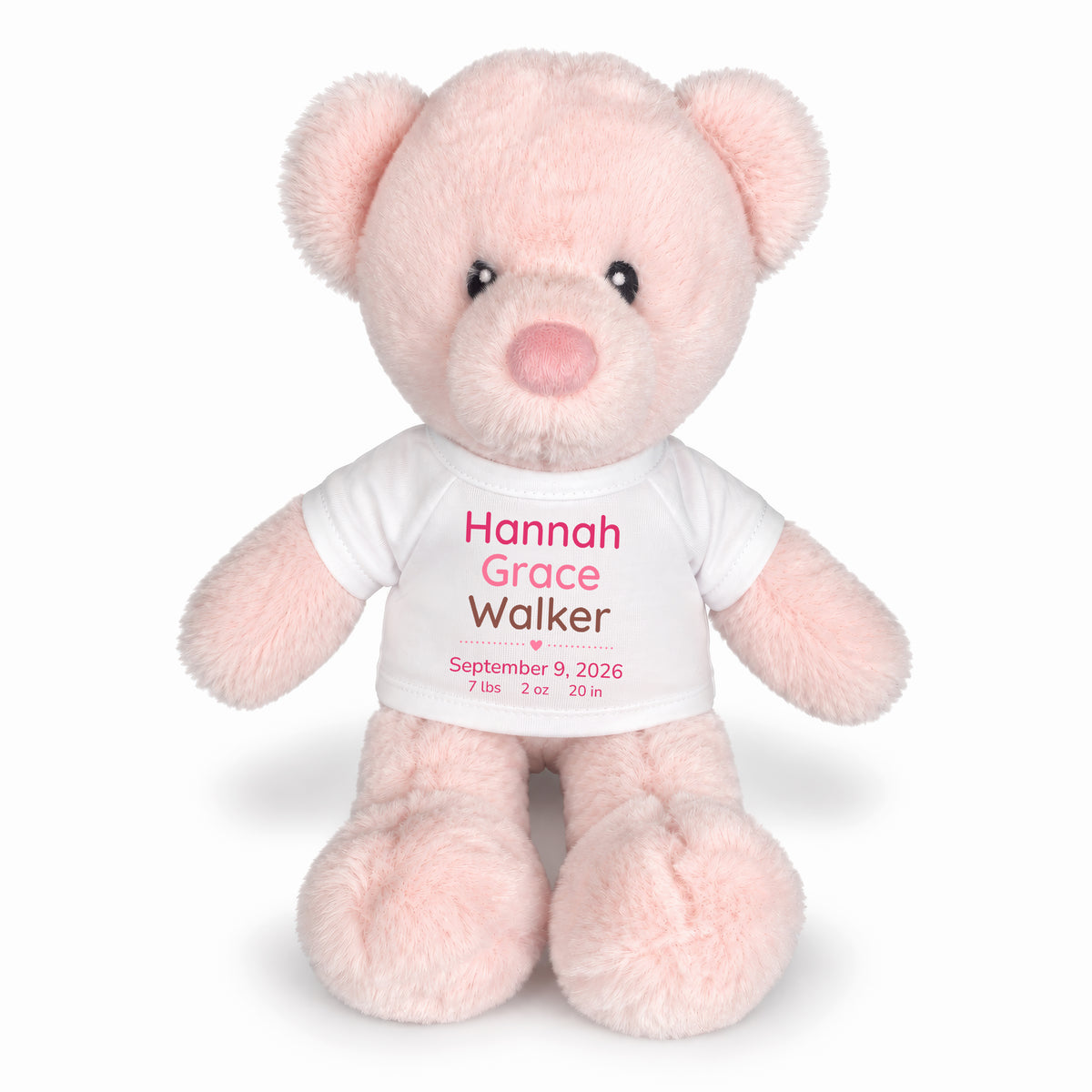 Personalized Teddy Bear for Baby Girl - 11" Pink Baby Bear - White Shirt with Pink & Brown Design, 