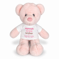 Personalized Teddy Bear for Baby Girl - 11" Pink Baby Bear - White Shirt with Pink & Brown Design, 