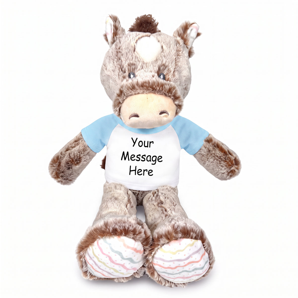 Personalized Stuffed Horse - 12" Promise Pony, Ebba Baby Plush Collection - Light Blue Shirt