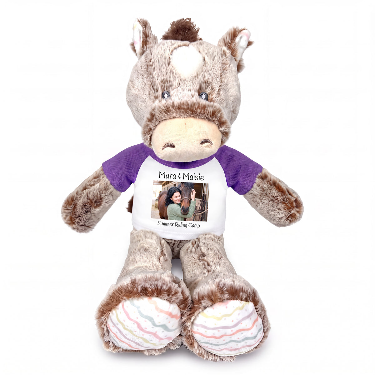 Personalized Stuffed Horse - 12 inch Promise Pony with Photo and/or Text - Purple Shirt