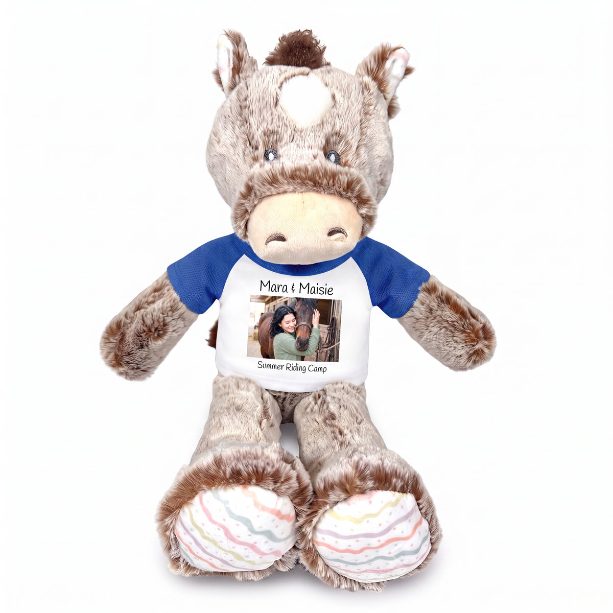 Personalized Stuffed Horse - 12 inch Promise Pony with Photo and/or Text - Royal Blue Shirt