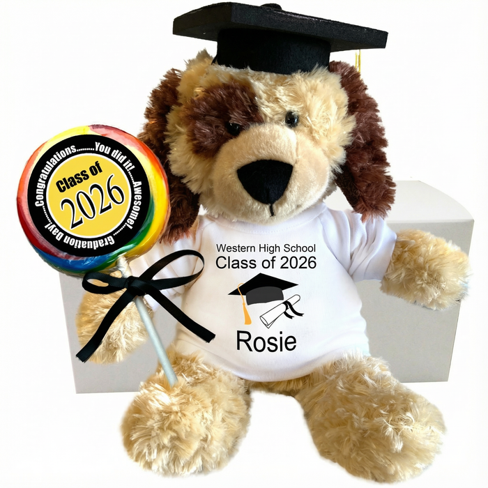 Personalized Puppy Dog Graduation Class of 2026 Gift Set - 12 Inch Plush Spotty Dog