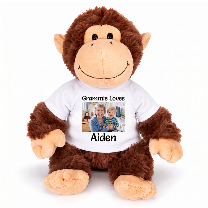 Personalized Stuffed Monkey - 12 inch Plush Chimp with Photo and/or Text - White, Print on Front Only