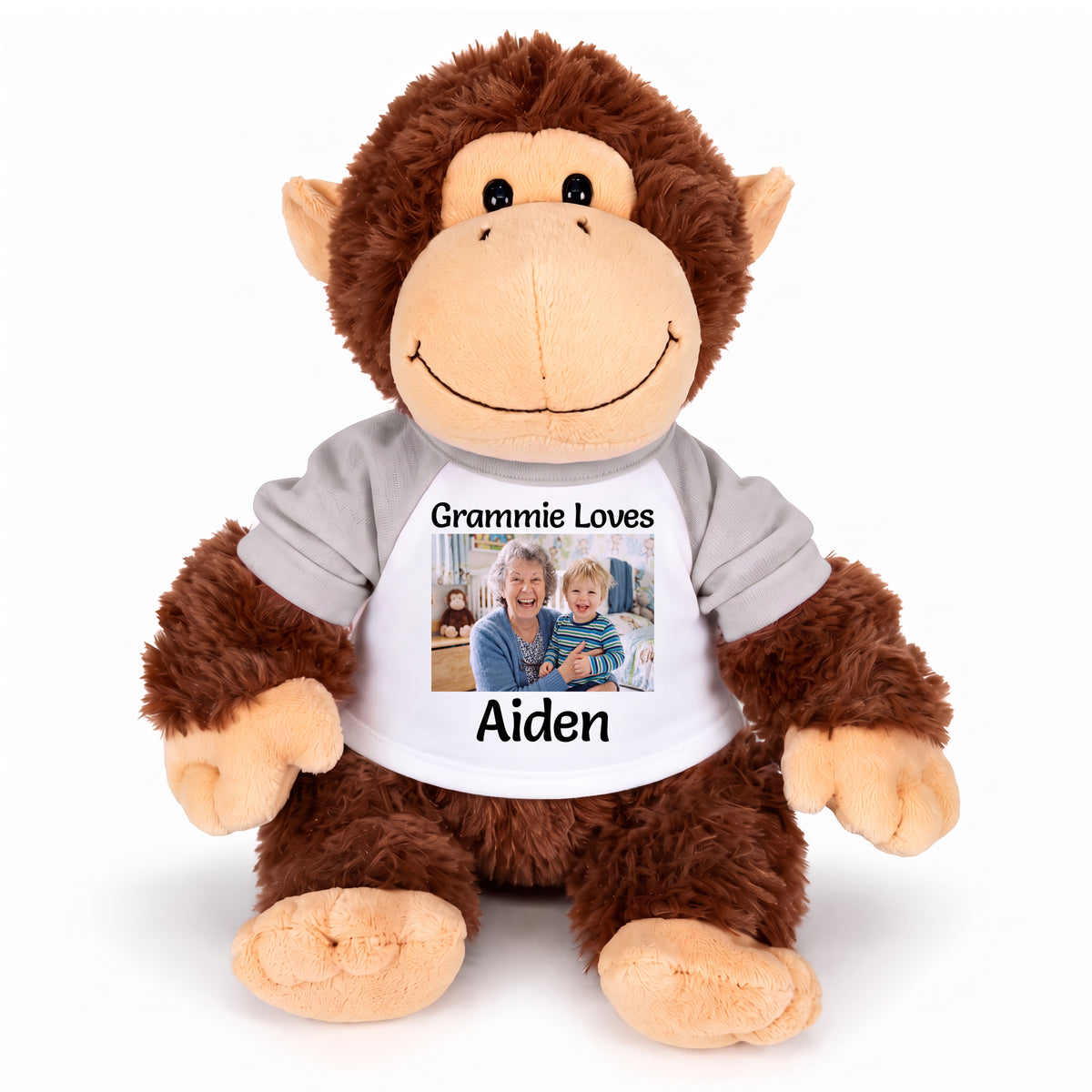 Personalized Stuffed Monkey - 12 inch Plush Chimp with Photo and/or Text - Grey Sleeves, Print on Front Only