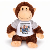 Personalized Stuffed Monkey - 12 inch Plush Chimp with Photo and/or Text - Grey Sleeves, Print on Front Only