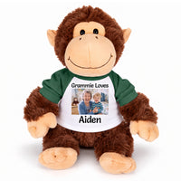 Personalized Stuffed Monkey - 12 inch Plush Chimp with Photo and/or Text - Green Sleeves, Print on Front Only