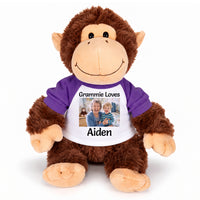 Personalized Stuffed Monkey - 12 inch Plush Chimp with Photo and/or Text - Purple Sleeves, Print on Front Only