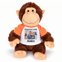 Personalized Stuffed Monkey - 12 inch Plush Chimp with Photo and/or Text - Orange Sleeves, Print on Front Only