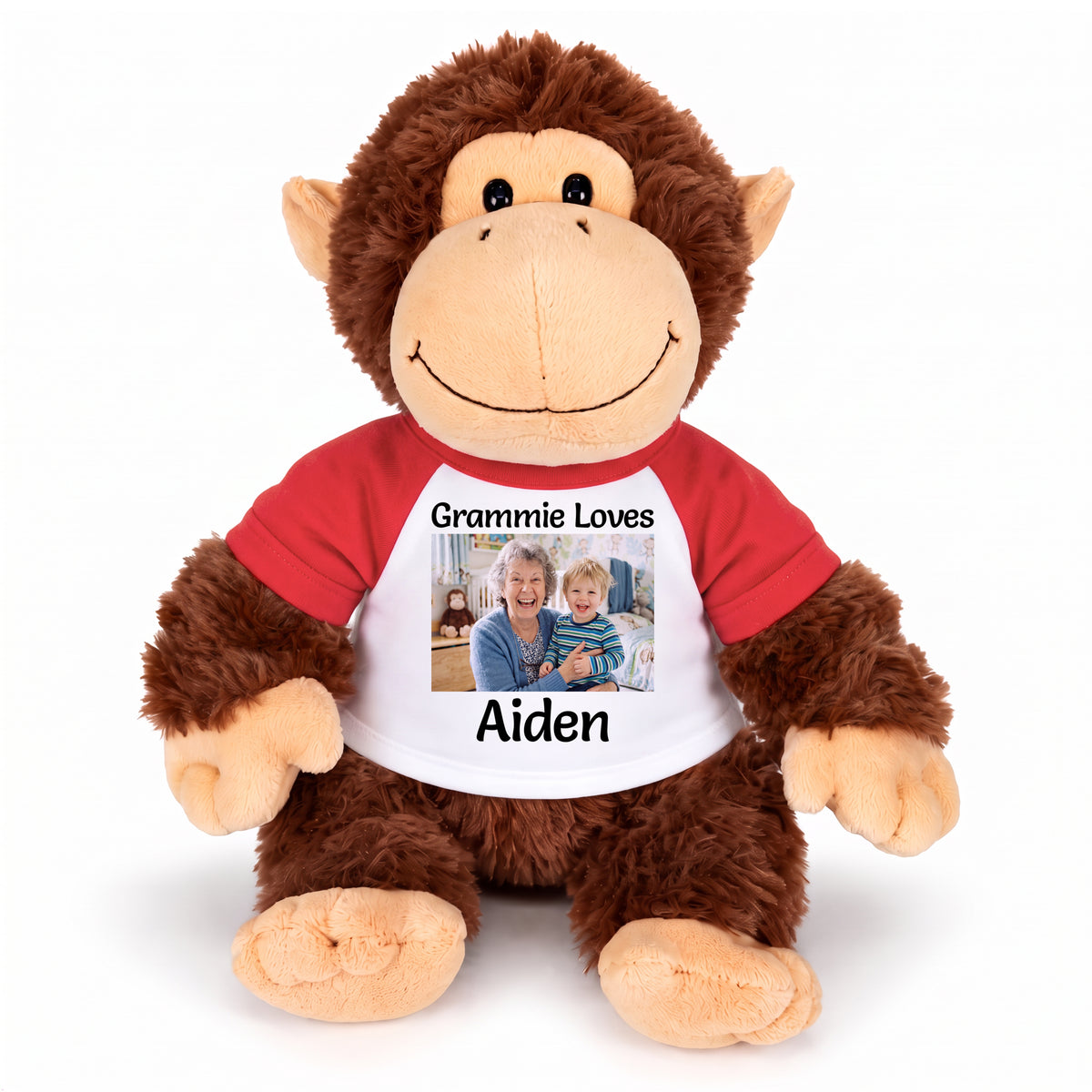 Personalized Stuffed Monkey - 12 inch Plush Chimp with Photo and/or Text - Red Sleeves, Print on Front Only