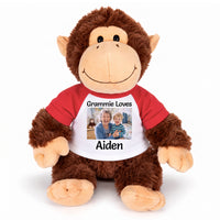 Personalized Stuffed Monkey - 12 inch Plush Chimp with Photo and/or Text - Red Sleeves, Print on Front Only