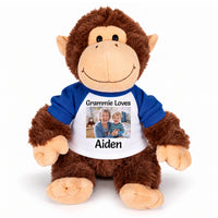 Personalized Stuffed Monkey - 12 inch Plush Chimp with Photo and/or Text - Royal Blue Sleeves, Print on Front Only